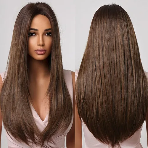 Vista 7 de Allbell Pelucas marrones largas negras para mujeres negras, pelucas de cabello lacio castaño oscuro con reflejos rubios, peluca larga de parte