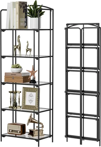 Vista 26 de Crofy - Estantería plegable sin montaje para sala de estar, estantería plegable de 2 niveles en color negro para oficina en casa, organizador