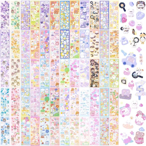 Vista 8 de HINZIC 60 hojas de calcomanías de corazón Kpop para fotocartas, calcomanías decorativas Kawaii conejo oso, calcomanías coreanas autoadhesivas