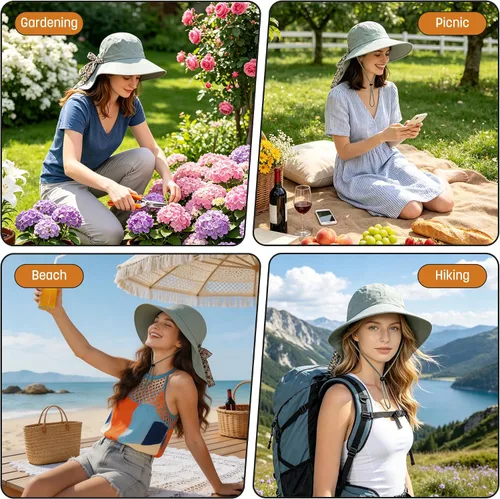 Vista 6 de Solaris UPF 50+ Gorro de ala ancha para mujer - Tamaño pequeño, ligero y plegable, gorro floral refrescante con solapa para el cuello
