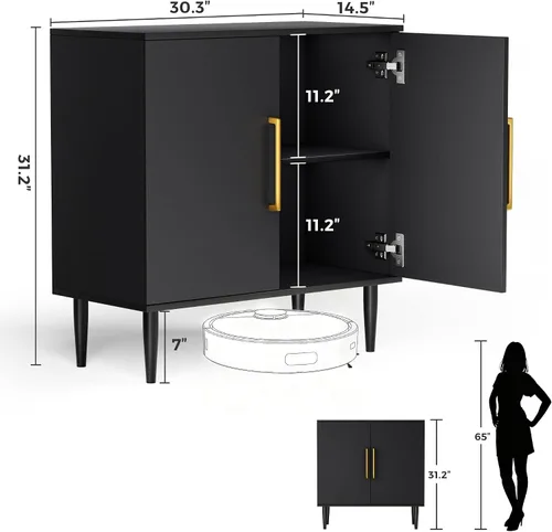Vista 2 de Vrullu Gabinete de Almacenamiento Moderno, Gabinete de Buffet Independiente, Aparador Negro y Almacenamiento de Buffet, Muebles de Acento de Madera