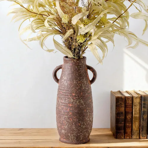 Vista 23 de Jarrón de cerámica de granja con 2 asas, jarrón decorativo boho para decoración del hogar, sala de estar, entrada, mesa, decoración de estante, 24 cm