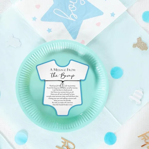 Vista 5 de Henoyso Juego de 25 pulseras de baby shower para invitados, niños y niñas, regalos de fiesta con mensaje ajustable de The Bump Card, pulseras de Azul