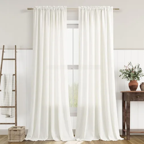 Vista 114 de Cortinas de lino verde aguamarina de 84 pulgadas de largo, juego de 2 paneles semitransparentes con bolsillo para barra para comedor, decoración