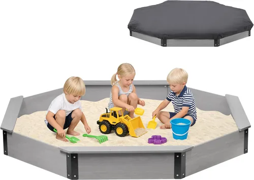 Vista 9 de Cajón de arena de 64"x56"x8.5" octogonal con cubierta para juegos al aire libre de niños, arenero grande de madera con 4 bancos, instalación rápida