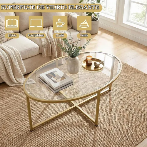 Vista 4 de Wolawu Mesa de centro ovalada dorada de vidrio para sala de estar, mesas de té modernas con marco de metal dorado para espacios pequeños, mesa