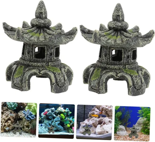 Vista 5 de Yardwe Resina artesanal pecera estatua de pabellón de peces escondido de peces adornos 2 piezas decoración fácil lavado seguro acuario decoración