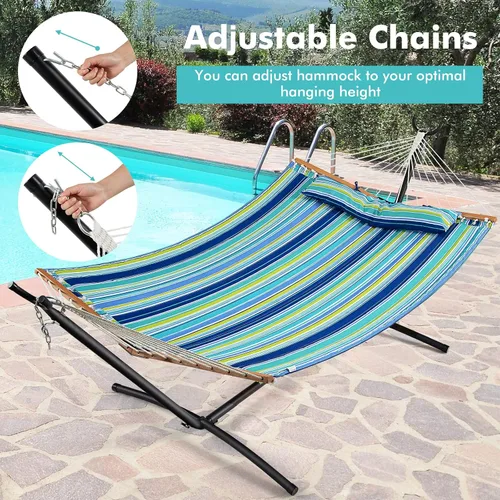 Vista 6 de Giantex Hamaca para acampar con barra separadora, almohada desmontable, cuerdas de algodón tejidas a mano, hamacas al aire libre para patio, patio
