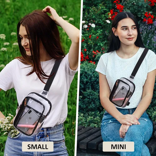 Vista 2 de Edraco Mini bolsa transparente tipo cangurera, resistente y transparente, bonito bolso cruzado para conciertos, estadio, viajes
