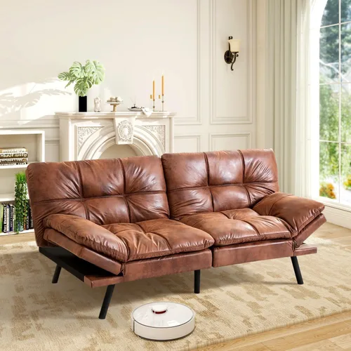 Vista 6 de MUUEGM Sofá cama futón marrón de cuero de espuma viscoelástica moderna sofá de oficina cama convertible sofá biplaza sofá para espacios pequeños