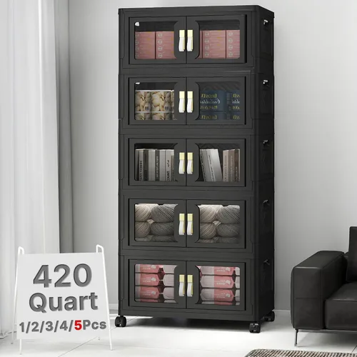 Vista 28 de Contenedor de almacenamiento apilable de 48 cuartos de galón con tapa, ruedas y puerta, organizador plegable de 12 galones para dormitorio, estudio
