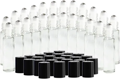 Vista 5 de Botellas de vidrio transparente de 0.3 fl oz con bolas de rodillo de acero inoxidable y tapas negras, paquete de 24 (transparente)