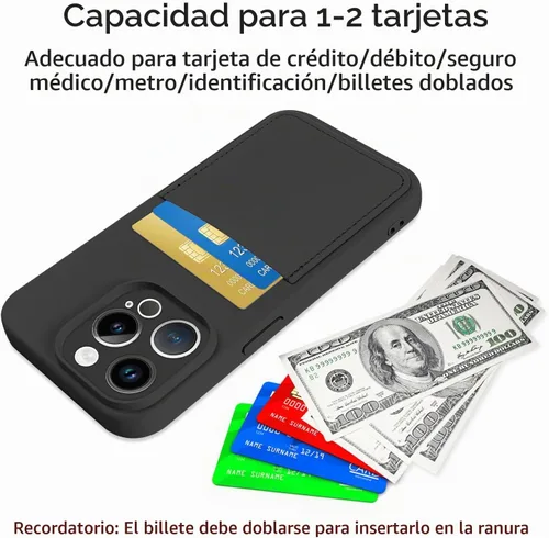 Vista 3 de Funda diseñada para iPhone 15 Pro con tarjetero para mujeres y hombres, cubierta de silicona suave [forro de microfibra], protección completa