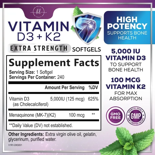 Vista 2 de Vitamina D con K2 (MK-7) – Vitamina D3 5000IU (125 mcg) por porción – Suplemento complejo D3K2 para huesos, dientes, músculos, absorción de calcio