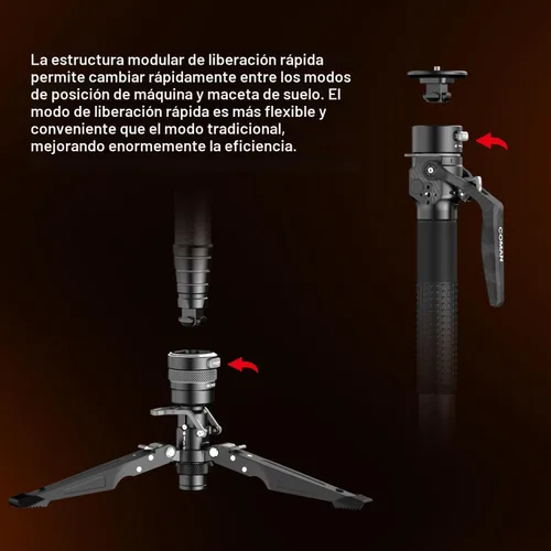 Vista 5 de COMAN Monopie de fibra de carbono con elevación con un clic, monopie de cámara de 69 pulgadas con pies, trípode de viaje ligero con placa