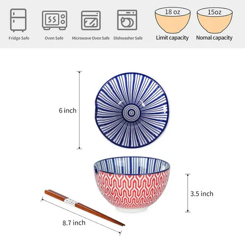 Vista 2 de Selamica Juego de cuencos de cerámica para ramen, cuencos de fideos de 15 onzas para cocina con palillos, cuencos profundos para sopa japonesa