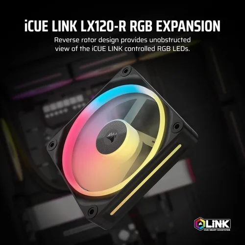 Vista 2 de CORSAIR iCUE Link LX120-R RGB Ventilador PWM invertido de 4.72 pulgadas (120 mm) – Ventilador individual – Bajo ruido, rodamiento de cúpula