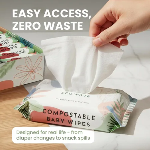 Vista 5 de Eco Wave Toallitas para bebé, 100% compostables ecológicas de bambú, sin olor, hipoalergénicas, veganas, sin alcohol, adecuadas para piel sensible