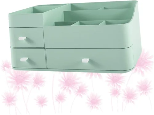 Vista 8 de Housoutil 1pc Household Makeup Organizer with Drawer Green Plastic Cosmetic Storage Box for Lipstick Skincare and Brushes Desktop Organizer for