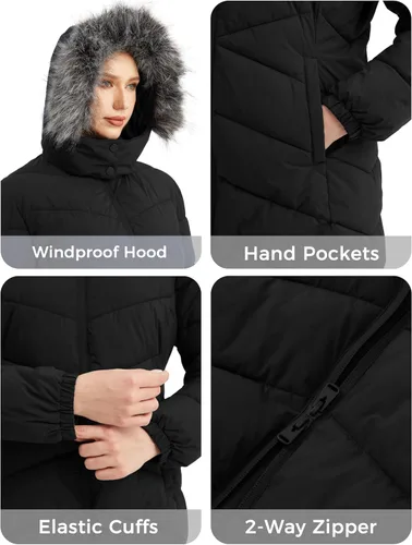 Vista 6 de Wantdo - Chamarra acolchada larga para mujer, chaqueta ligera y cálida con capucha Negro