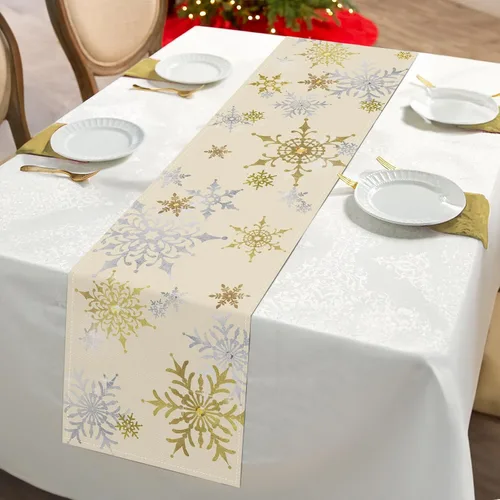 Vista 2 de Bonhause Camino de mesa con copos de nieve de invierno 13x72 pulgadas plateado y dorado, decoración de Navidad, invierno, vacaciones, cocina