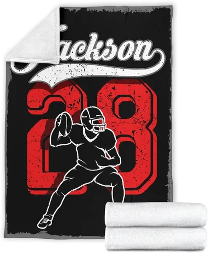Vista 7 de Manta de forro polar Sherpa de alta calidad para jugador de mariscal de campo de fútbol, color negro, con número de nombre, impresión 3D, cálida