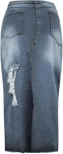 Vista 4 de Falda midi de mezclilla para mujer, sexy, desgastada, elástica, entallada, con abertura alta, entallada, entallada, entallada, con cintura alta
