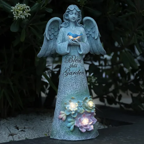 Vista 8 de Estatua de jardín de ángeles, decoración al aire libre, jardín de ángel sosteniendo pájaro con luces solares, regalos de jardinería para mamá
