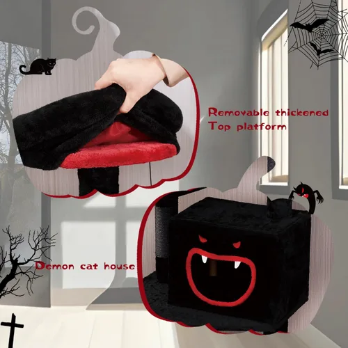 Vista 5 de YARUOMY Árbol gótico para gatos con cama de ataúd, torre negra de 62.5 pulgadas con espacioso condominio para gatos estilo demonio, percha de felpa