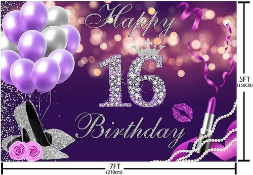 Vista 5 de Telón de fondo de feliz cumpleaños número 16 de 7 x 5 pies, globos Bokeh morados con purpurina plateada con purpurina, fondo de lápiz labial