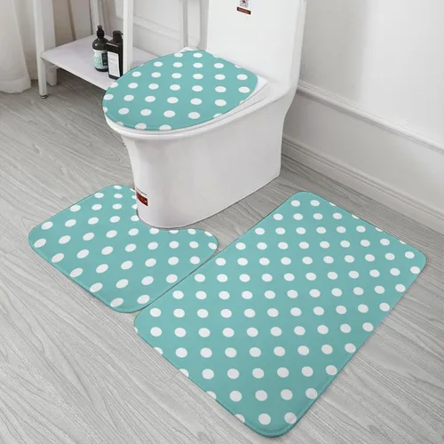 Vista 6 de Juego de 3 alfombras de baño con diseño de lunares, color azul aguamarina, antideslizante, con contorno en forma de U y tapa de inodoro