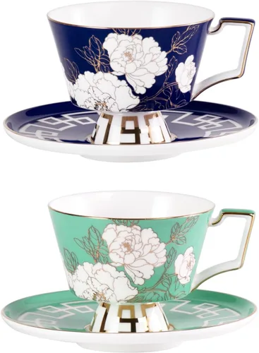 Vista 19 de KAMMAK Juego de 2 tazas de café de cerámica, tazas de café de porcelana con platillos, 6.52 onzas hechas a mano, elegante taza de té de porcelana