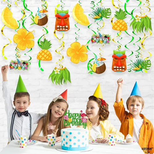 Vista 6 de KatchOn, Remolinos colgantes hawaianos de Luau, paquete de 46, sin bricolaje, decoraciones de fiesta Luau, decoraciones de fiesta temática hawaiana