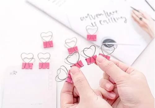 Vista 4 de Clips de metal ahuecados con forma de corazón rosa, notas, cartas, abrazaderas de papel, suministros de oficina, hogar, escuela