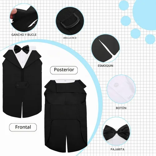 Vista 4 de DORA BRIDAL Esmoquin para perros pequeños, traje de perro y corbatín, traje formal de boda para perros, conjunto de esmoquin y bandana para Negro