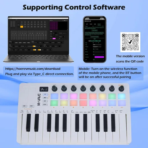 Vista 3 de M-VAVE 25 Teclas 16 Almohadillas de Batería Retroiluminadas Teclado MIDI – Creador de Ritmos Profesional y Keytar para Producción Musical de Teclado