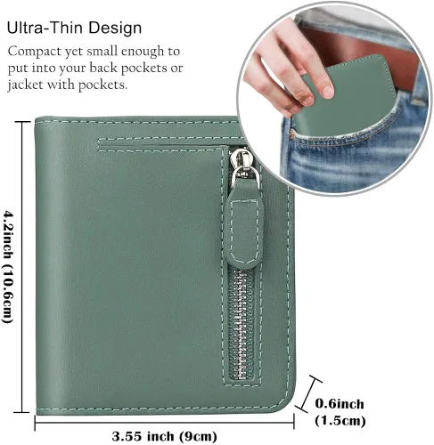 Vista 6 de Funtor Cartera de cuero para mujer, pequeña y compacta, con bolsillo doble, bloqueo RFID, para mujer
