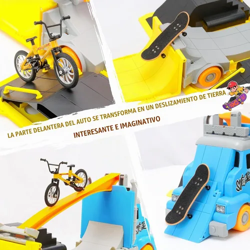 Vista 6 de Set de Parque de Patineta Hestiasko, Vehículo Camión Transformable 2-en-1 con 3 Diapasones, Bicicleta de Dedo, Rampas, Estuche de Almacenamiento