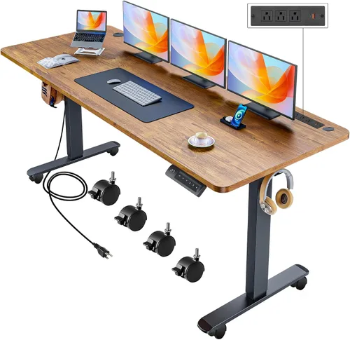 Vista 21 de Escritorio eléctrico de altura ajustable de pie, escritorio de sentarse y pararse de 48 x 24 pulgadas con toma de corriente, 2 puertos USB, 3 tomas