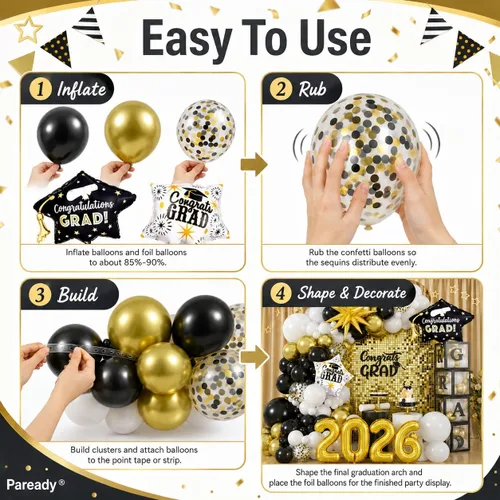 Vista 8 de Kit de Arco de Globos Paready Graduación 2025, 120 Piezas de Arco de Globos Graduación Negro y Dorado, Globos de Confeti Negro y Dorado Metálicos