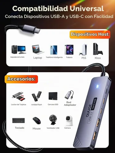 Vista 6 de QUUGE Concentrador USB-C, 2 USB-C y 2 USB-A de 10 Gbps, 100 W PD, cable de 3.3 ft para SSD