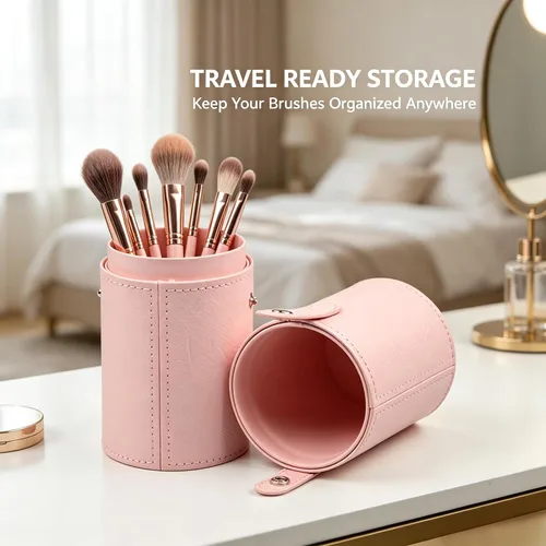 Vista 4 de PU Leather Makeup Storage Holder Cosmetic Cup, Travel Makeup Brush Holder Organizer Case with Button Closure, Portable Cosmetic Brush Storage