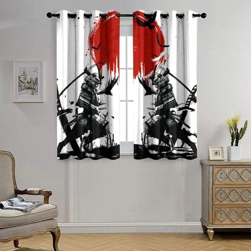 Vista 4 de Cortinas opacas samuráis japonesas para dormitorio, tinta de acuarela, espada samurái, estampado de sol rojo, ojales, aislamiento térmico, cortinas