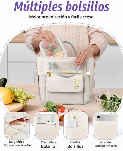 Vista 6 de Lonchera Deluxe Aislada para Mujeres - Lonchera Térmica a Prueba de Fugas Impermeable con Múltiples Bolsillos y Correa Removible para Trabajo
