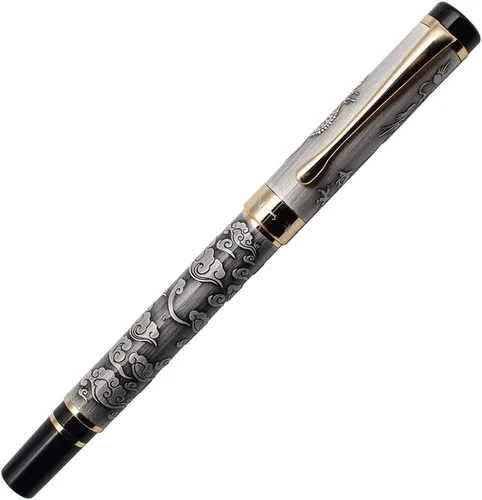 Vista 3 de Ancient Silver Jinhao Dragon - Juego de plumas estilográficas ejecutivas de punta fina, colección de bolígrafos vintage, bolígrafo de negocios