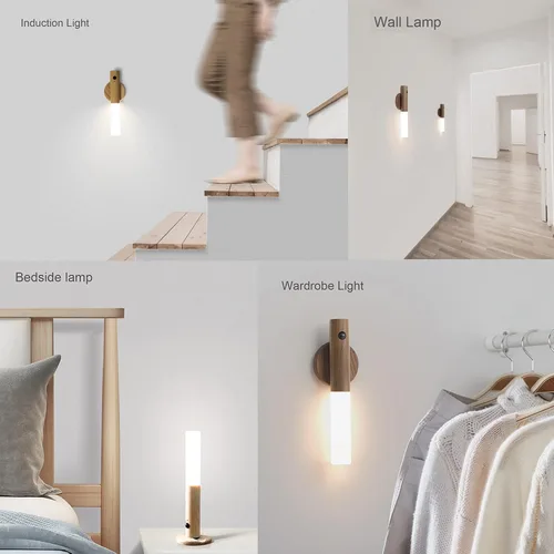 Vista 4 de Luz nocturna con sensor de movimiento, sensor de cuerpo magnético LED recargable para pasillo, escalera, aplique de pared de madera portátil