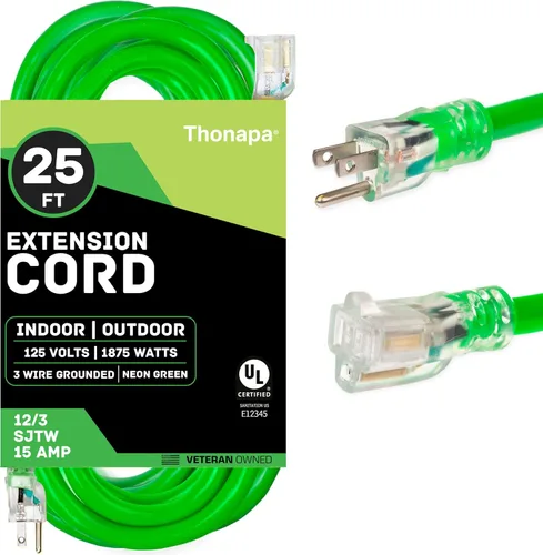 Vista 8 de Thonapa Cable de extensión de calibre 12 de 6 pies para exteriores, resistente 12/3, extremo iluminado SJTW Cable negro, 3 clavijas, enchufe a