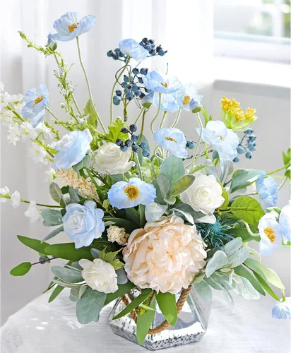 Vista 6 de FiveSeasonStuff Ramo de flores artificiales de amapolas de seda para recuerdo, hogar, boda, 22 pulgadas, 6 tallos (azul hielo antártico)