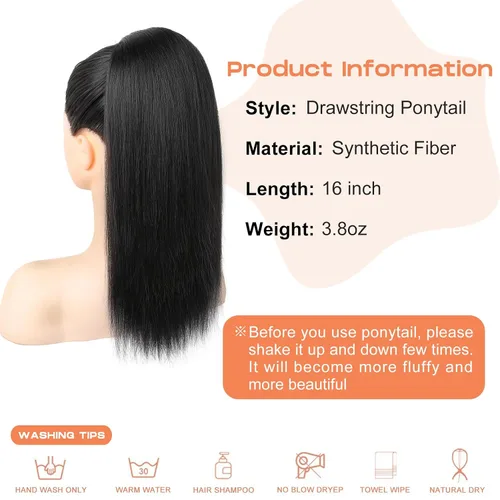 Vista 2 de SEIKEA Extensiones de cola de caballo con cordón, larga y recta, cola de caballo falsa, natural, suave, extensiones de cabello sintético resistente