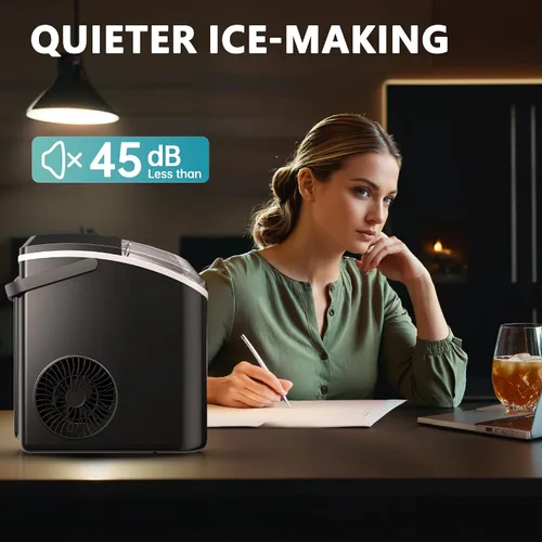 Vista 7 de EUHOMY, Fabricador de hielo para encimera con asa, listo en 6 minutos, 34 libras por día, cubierta superior extraíble, autolimpiante, máquina